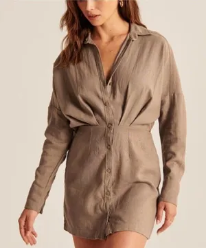 Abercrombie & Fitch Women XS Brown Linen Blend Mini Dress Minimalist Boho Chic thumbnail 1