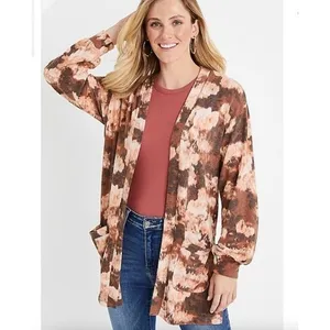 Maurices Womens XXL Brown Tan Tie‎ Dye Open Front Knit Cardigan Sweater Pockets thumbnail 5