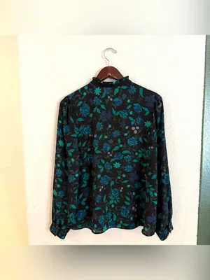 Ann Taylor Womens Shirt Blouse Blue Green Floral Long Sleeve Button Up Large thumbnail 2