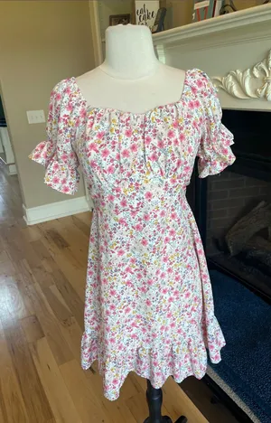 Floral Square-Neck Puff Sleeve Dress - White/Pink Ruffle Hem thumbnail 1