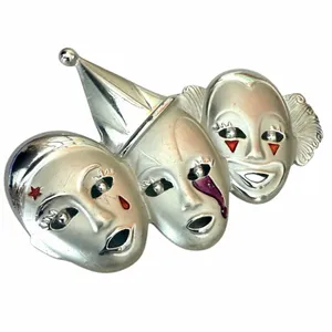 Vintage Silver Tone Triple Clown Theater Mask Enamel Brooch thumbnail 2