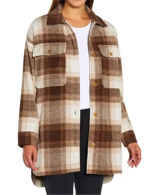 Banana Republic Brown Beige Plaid Wool Blend Shirt Jacket Size L thumbnail 1