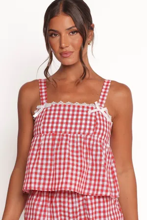 NWT Shein Mod Red Gingham Plaid Bow Lace Crop Tank Top Women's Size 2 XS thumbnail 1