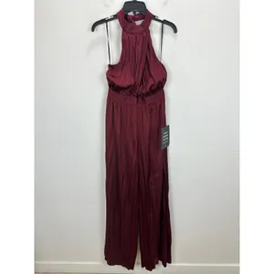 Lulus Confident Impression Burgundy Satin Pleated Halter Jumpsuit Small NWT thumbnail 5