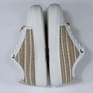Karl Lagerfeld Paris Size-7 Cate Lace Up Sneaker White Gold Woven thumbnail 7