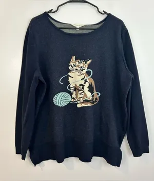 Astrologie Dark Navy Blue Cat/Kitten with Yarn Pullover Sweater Size XXL thumbnail 1