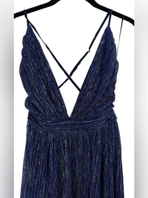 Luxxel Lulus Magical Looks Sparkly Maxi Dress Navy Blue Deep V-Neck Metallic Gown NWT S thumbnail 7