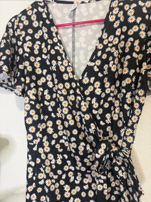 Black Daisy Wrap Dress with Ruffle Hem and flutter sleeves Medium thumbnail 3