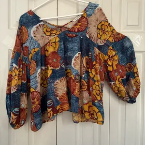 Bucketlist Blouse Womens M Floral V-Neck Balloon Sleeve Tunic Blue Cotton thumbnail 4