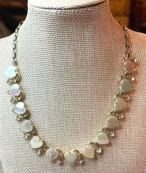 Vintage 80s Gold Faux Mother of Pearl Lucite Heart Rhinestone Choker Necklace thumbnail 1