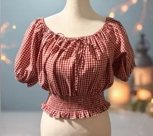 Elegant Red Gingham Smocked Blouse Size M thumbnail 1