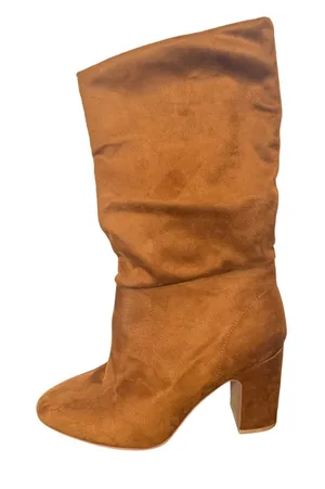 Womens Brown Slouchy Boots Size 8.5 Faux Suede Block Heel Almond Toe Fall thumbnail 1