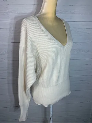 Free People V Neck beige cotton blend womens sweater size S thumbnail 6