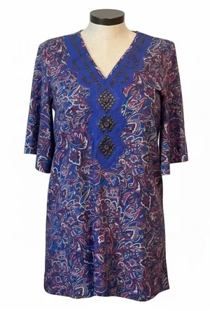 Francesca’s Ayla Blue Pink Paisley Dress Studs VNeckline 3/4” Sleeve Size Medium thumbnail 1