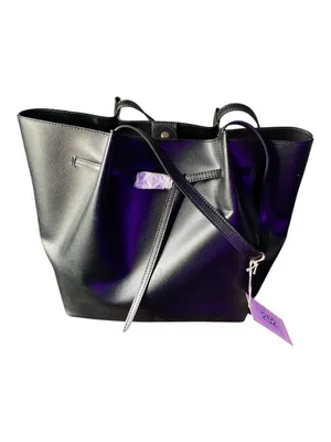 A New Day Black Belted Pinched Handle Large Tote Bag Faux Leather Snap Closure thumbnail 3