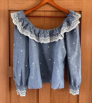 Sézane Embroidered Francesca Blouse Blue Chambray Women’s size 36 US 4 Small thumbnail 1