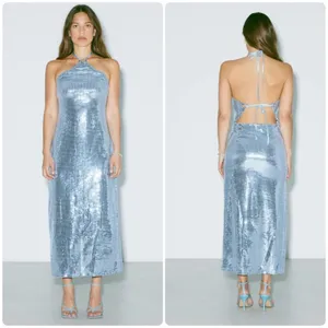 NWT Hosbjerg Sequin‎ Melina Halter Bodycon Midi Dress Winter Sky Blue XS Stretch thumbnail 2