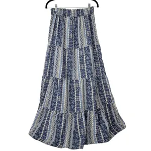 Boho Paisley Patchwork Maxi Skirt Tiered Elastic Waist Floral Blue Womens Size M thumbnail 8