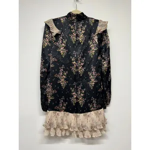 AMUR Devin Silk Ruffle‎ Mini Dress Floral High Neck Size 2 Black Prairie Cottage thumbnail 3