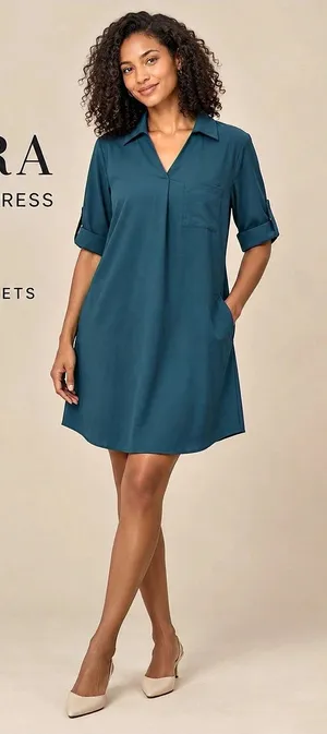 NWT Halara Ink Green Roll-Up Sleeve Relaxed Work Shirt Dress M thumbnail 1