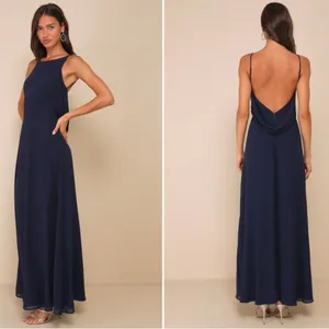 LULU's Prom Wedding Flowy Romantic Open Back Navy Chiffon Maxi Dress NWOT thumbnail 2
