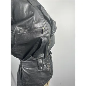 Boutique Europa Womens Leather Jacket Coat Black Moto‎ Biker Zip Belt 90s thumbnail 10