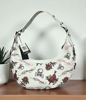 Ed Hardy White Skull Rose Tattoo Print Hobo‎ Shoulder Bag Studded Punk Rock thumbnail 1