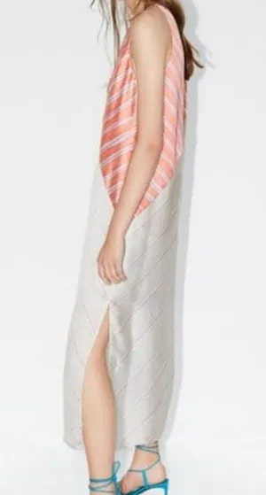 Zara Satin Effect Maxi Dress XS Long Striped Sleeveless Flowy Side Slits Lined thumbnail 4