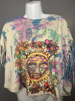 Sublime Shirt Womens L/XL Multicolor Tie Dye Fringe Cropped Band Tee Top thumbnail 1