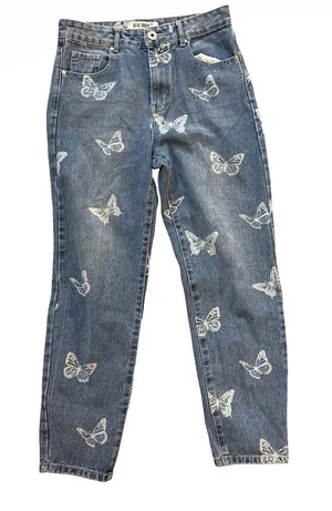 Blue Denim Butterfly Print Boyfriend Jeans - Women's thumbnail 1