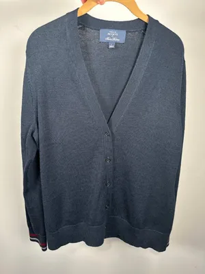 Brooks Brothers Large Womens Cardigan Striped Wrists Navy Blue V-Neck Wool Blend thumbnail 6