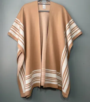 Minimalist Womens One Size Tan Brown White Stripe Sweater Cape Western Chic Boho thumbnail 1