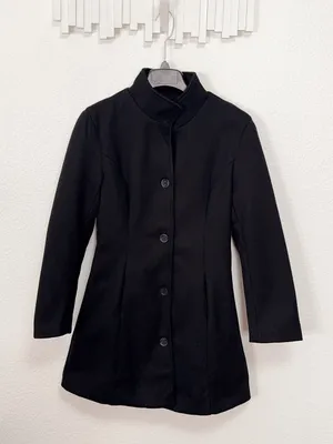 FME Black Longline Coat Stand Collar Button Front Tailored Jacket Minimalist thumbnail 2