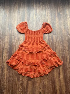 Altar'd State Burnt Orange Smocked Tiered Ruffle Puff Sleeve Boho Mini Dress- XS thumbnail 2