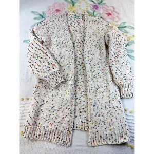 P.S. Kate Confetti Pom Pom Open Front Cardigan Cream Multi Knit Sweater M/L thumbnail 2