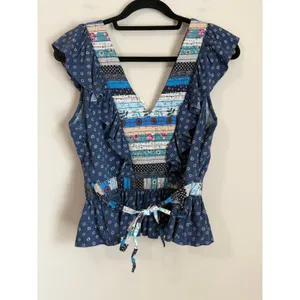 Free People Anthropologie Let me Be Patchwork Top Med Floral Boho V-Neck Tie Back thumbnail 2