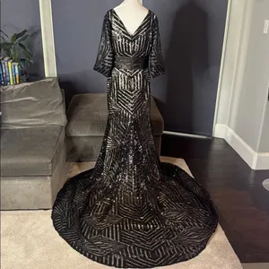 Women’s Black Sequined Full Length Prom Party Dress 3/4 Sleeve Train Size 12 thumbnail 6