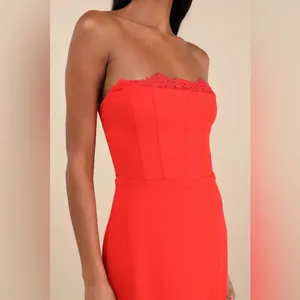 Lulus Memorably Iconic Red Strapless Lace Bustier Maxi Dress Size Small Formal thumbnail 3