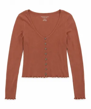 American‎ Eagle Top Ribbed Button Front Cropped Top Y2K Medium Rust Brown thumbnail 1