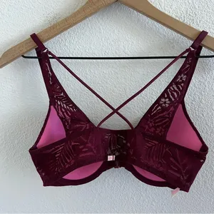Victoria's Secret PINK Maroon Front Clasp Push-Up Strappy Back Bra 32C thumbnail 2