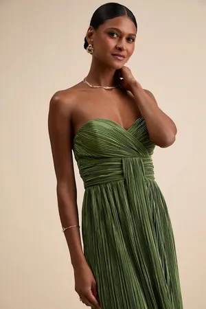 Oswin Olive Green Satin Plisse Strapless Maxi Dress thumbnail 5