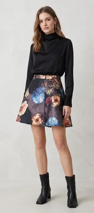 Club Monaco Women Black Floral Silk Blend A-Line Mini Skirt Size 8 00302159‎ thumbnail 1