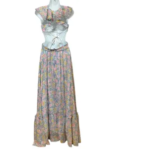 ASTR The Label Floral Cutout Maxi Dress Pink Blue Pleated Lace Up Back Small thumbnail 5