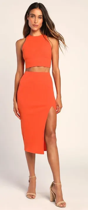 NWT Lulus Absolute Edge Orange Sleeveless Two-Piece Bodycon Midi Dress Size M thumbnail 1