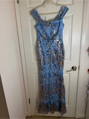 Sparkling Blue Off-Shoulder‎ High-Slit Evening Dress thumbnail 7