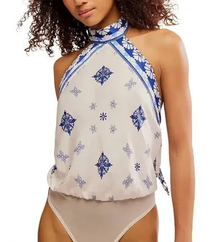 Free People Bodysuit Womens Small Blue White Nautical Halter Neck OB1149521 thumbnail 1