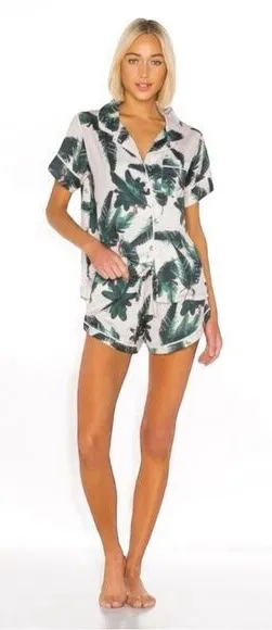 Revolve Plush Women’s Size‎ S Pink Jungle Print Satin Pajama Set Tropical Shorts thumbnail 1