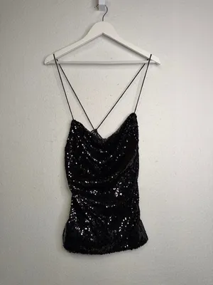 NWT ASOS Cross Back Black Sequin Strappy Cami | US 4 thumbnail 2