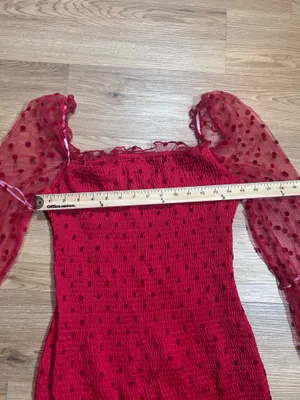 LIBASHA Size L Red Polka Dot Smocked Mini Dress Sheer Puff Sleeves thumbnail 4