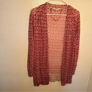 Loft Womens SIze XS Open Duster Cardigan Thin Semi-Sheer Red White Purple Floral thumbnail 3